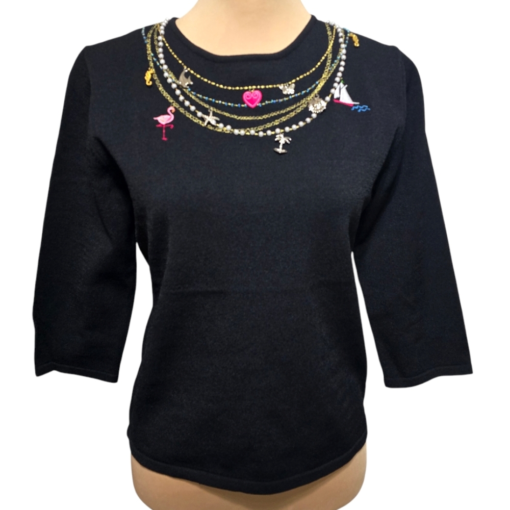 Pink‎ Poodle Vintage Embroidered Embellished Charms Detail Knit Black Top Size M